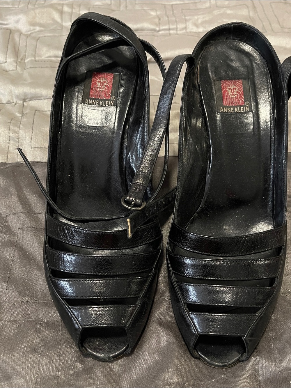 Anne Klein Black Leather Peep-Toe Slingback Heels with Strappy Upper